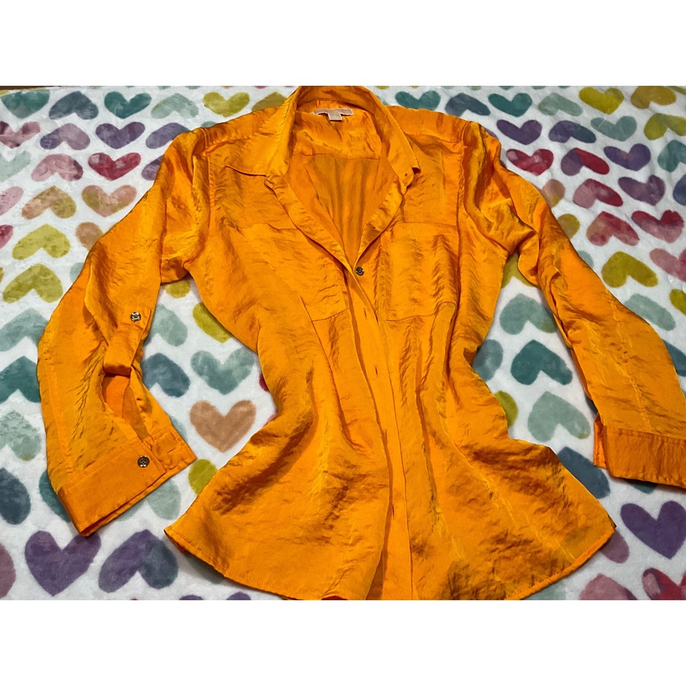 Michael Kors Orange Button-Up Blouse Long Sleeve‎ Gold Accents